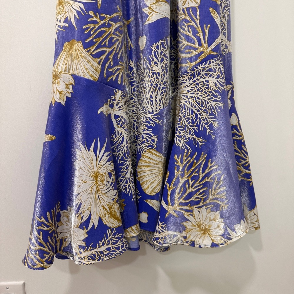 Ciebon Coastal Shell Print Wrap Maxi Dress Womens L Blue Gold Metallic Resort - Picture 4 of 12